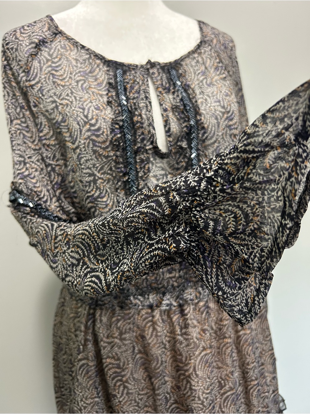 Endless Blu Sheer Boho Mini Dress Leaf Print Beaded Ruffle Black Cream - Picture 7 of 9